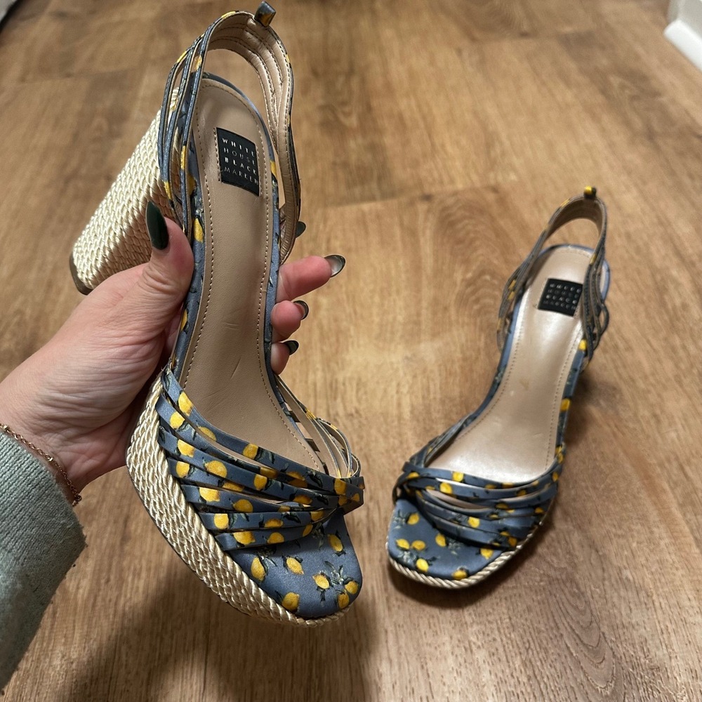 White House Black Market | Lemon Print Espadrille Platform Block Heel Sandal, 7M